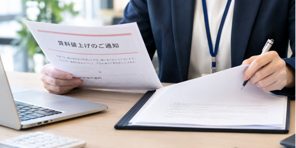 オフィス・店舗の賃料値上げ通知と賃貸借契約書を確認する担当者
