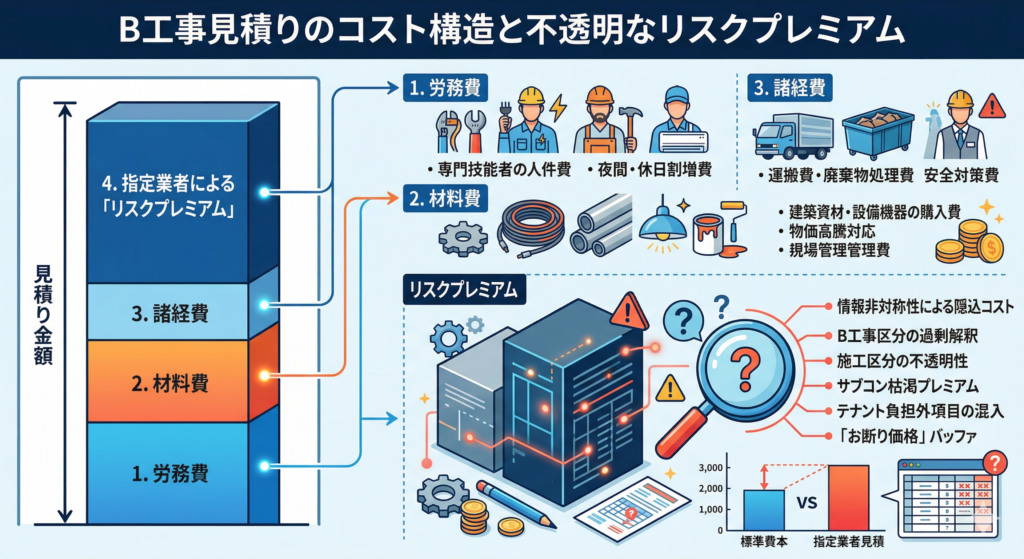 B工事見積りのコスト構造図。労務費、材料費、諸経費といった明確なコスト項目に加え、指定業者による不透明なリスクプレミアムが上乗せされる構造を示すインフォグラフィック。情報の非対称性による隠込コスト、B工事区分の過剰解釈、サブコン枯渇プレミアム、「お断り価格」バッファといった、リスクプレミアムの内訳と、それによりB工事費が高騰するメカニズムを描いている。