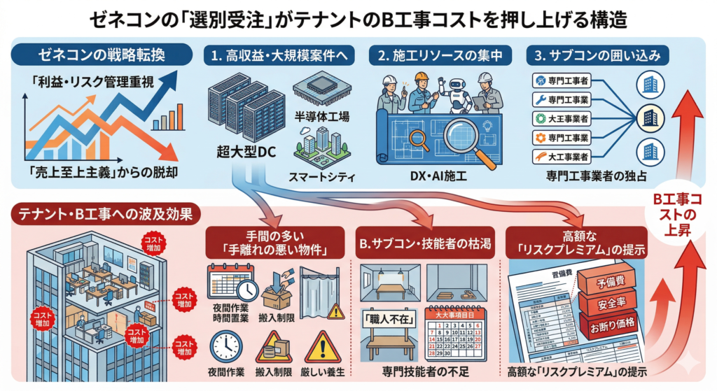 ゼネコンの選別受注がB工事コストを押し上げる構造を示すインフォグラフィック。「ゼネコンの戦略転換」として利益・リスク管理重視、大规模案件への集中、サブコン囲い込みを描く。それが「テナントへの波及効果」として、B工事の夜間作業や搬入制限、サブコン・技能者枯渇、高額なリスクプレミアム（お断り価格）の提示を招き、B工事コストが上昇するメカニズムを描いている。
