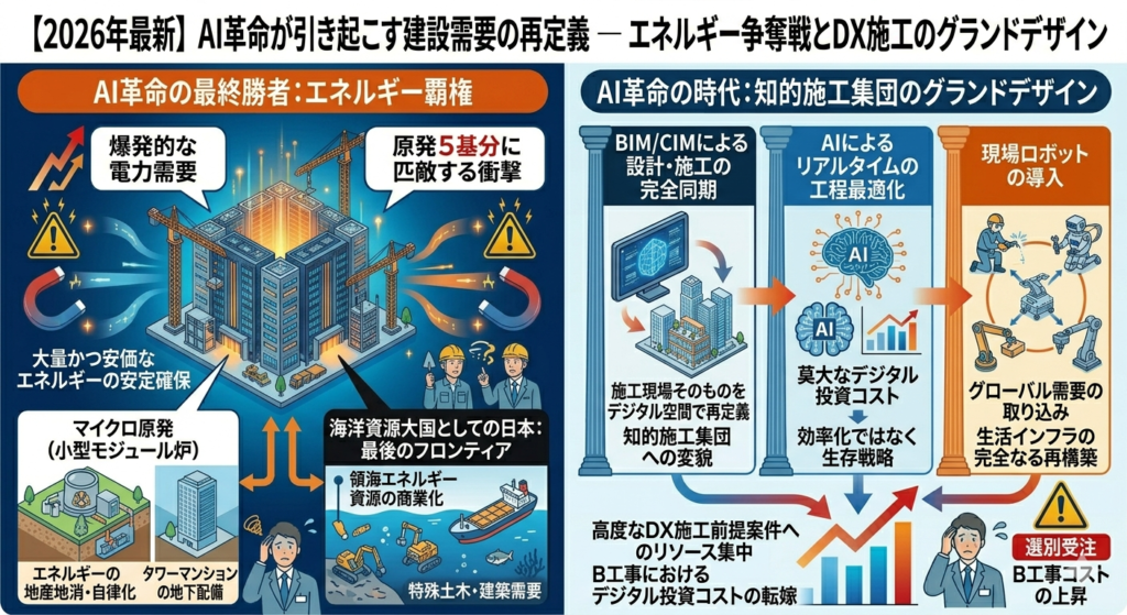 AI革命の最終勝者を決める「エネルギー争奪戦」と「DX施工のグランドデザイン」を示すインフォグラフィック。左側には「エネルギー覇権」として、原発5基分の電力を消費する超大型DCと、その解決策としての「マイクロ原発（SMR）」、海洋資源開発のイメージを描写。右側には「DX施工への劇的変貌」として、BIM/CIM、AI工程管理、現場ロボットを活用した知的施工集団のグランドデザインを描く。これら国家規模の巨大需要とデジタル投資コストが、一般ビルのB工事リソースを吸い上げ、選別受注とコスト転嫁を引き起こしている構造を可視化している。