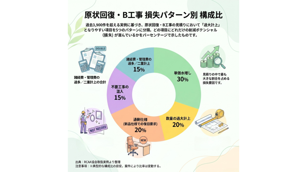 原状回復・B工事の見積において発生しやすい損失要因を、単価水増し・数量過大計上・過剰仕様・不要工事・諸経費過多の5パターンに分類し、構成比で示した図。