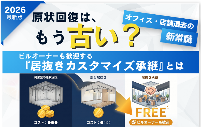 原状回復やB工事費の高騰を背景に、オフィスや店舗の退去戦略が居抜き承継へと変化していることを示すサムネイル